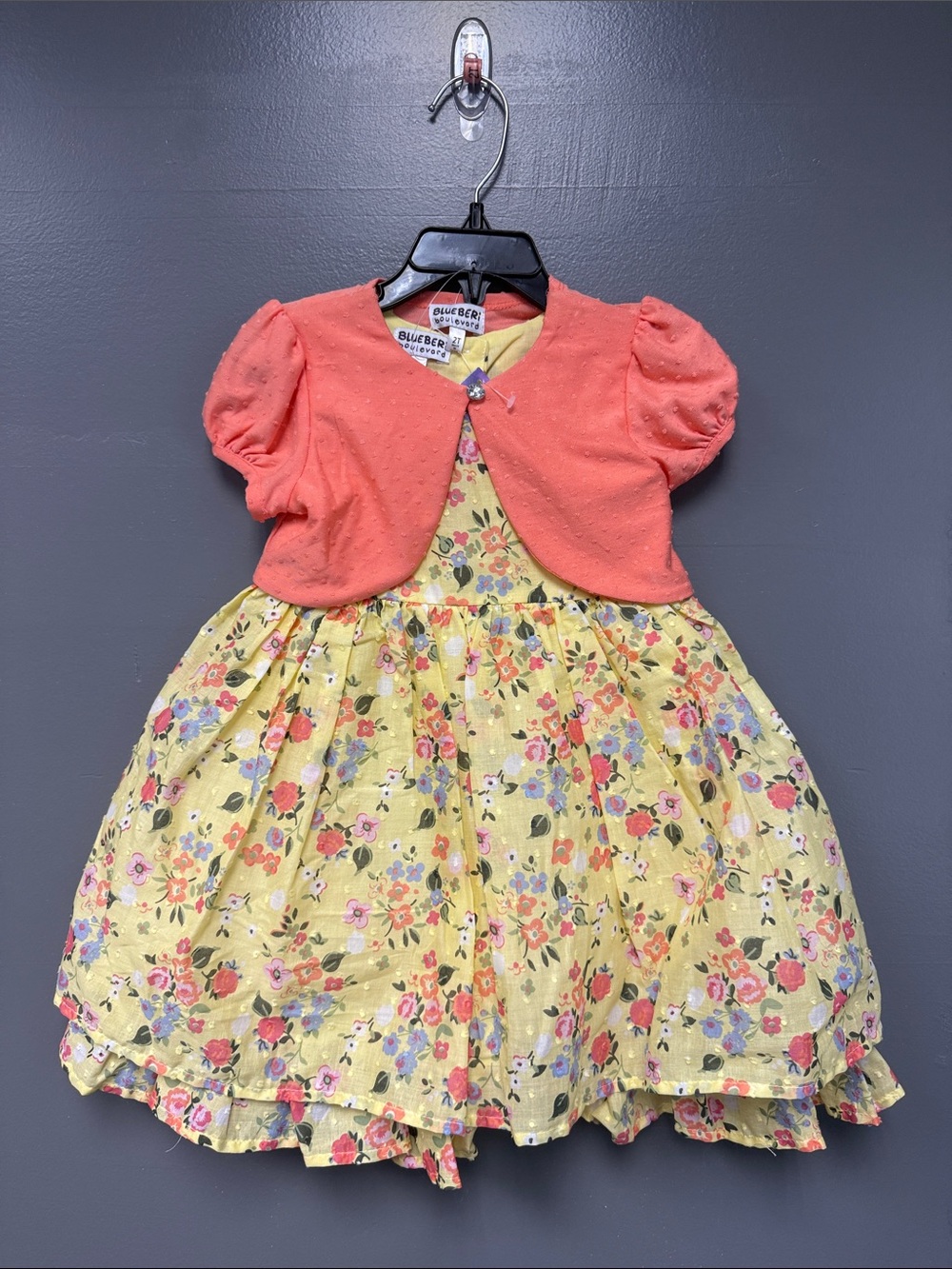 Blueberi Boulevard Yellow Floral Dress with Coral Bolero